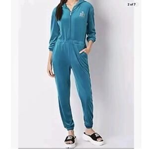 Juicy Couture Women Teal Velour Velvet Jumpsuit with Hoodie Size XL